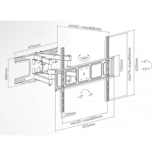 SUPPORTO PARETE  DOPPIO BRACCIO  X TV 37/80 KG40 A CCIAIO - INCLINAZIONE +5/-15