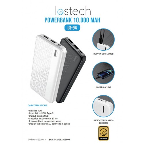 POWER BANK MAH1000 + LED LOSTECH NERO PRESA TYPE C -MICRO USB USCITA USB +CAVO